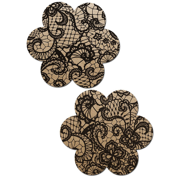 Pastease Lace Flower Pasties Beige/Black - TruLuv Novelties