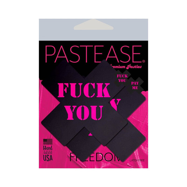 Pastease Plus X: Black with Pink Fuck You, Pay Me Cross Nipple Pasties - TruLuv Novelties