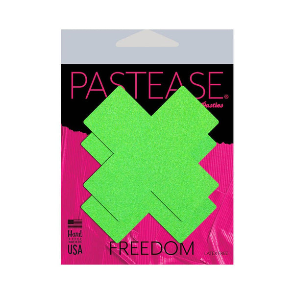 Pastease Plus X: Neon Green Day - Glow Lycra Cross Nipple Pasties - TruLuv Novelties