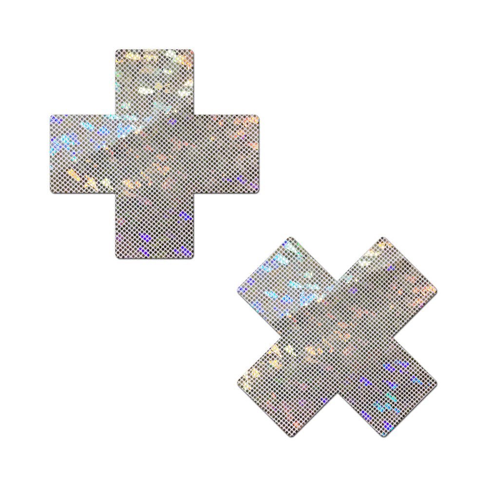 Pastease Plus X Shattered Glass Disco Ball Glitter White Cross Nipple Pasties - TruLuv Novelties