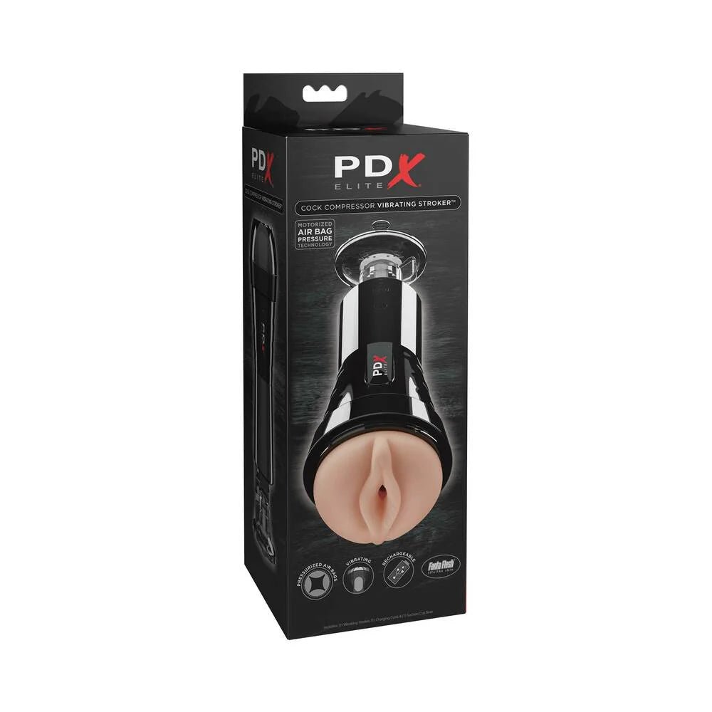 PDX Elite Cock Compressor Rechargeable Vibrating Stroker With Hands - Free Suction Cup Beige/Black - TruLuv Novelties