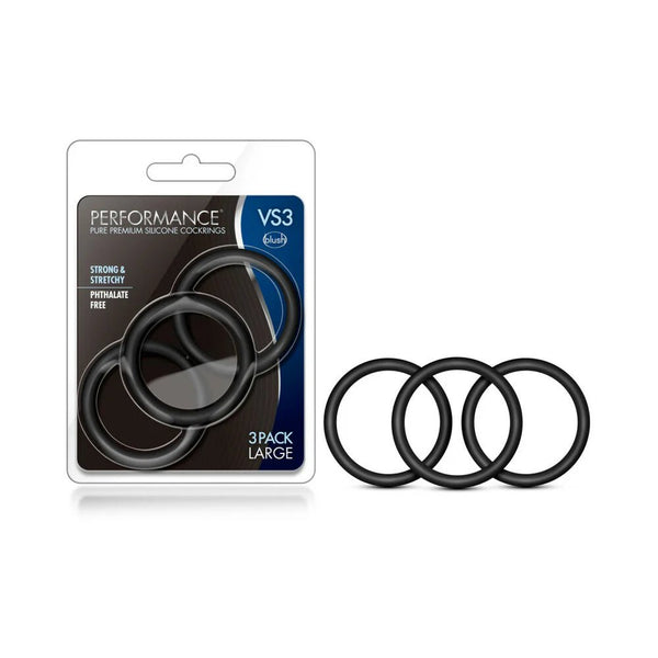 Performance VS3 Pure Premium Silicone Cockrings 3 - Pack Large Black - TruLuv Novelties