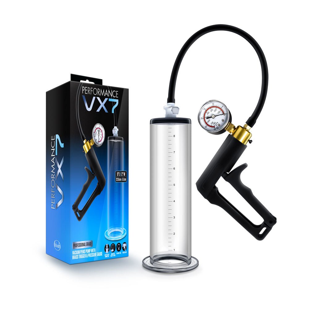 Performance - Vx7 Vacuum Penis Pump With Brass Trigger & Pressure Gauge - Clear - TruLuv Novelties
