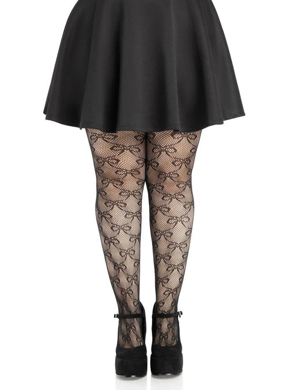 Plus Bow Net Tights - 1x 2x - Black - TruLuv Novelties