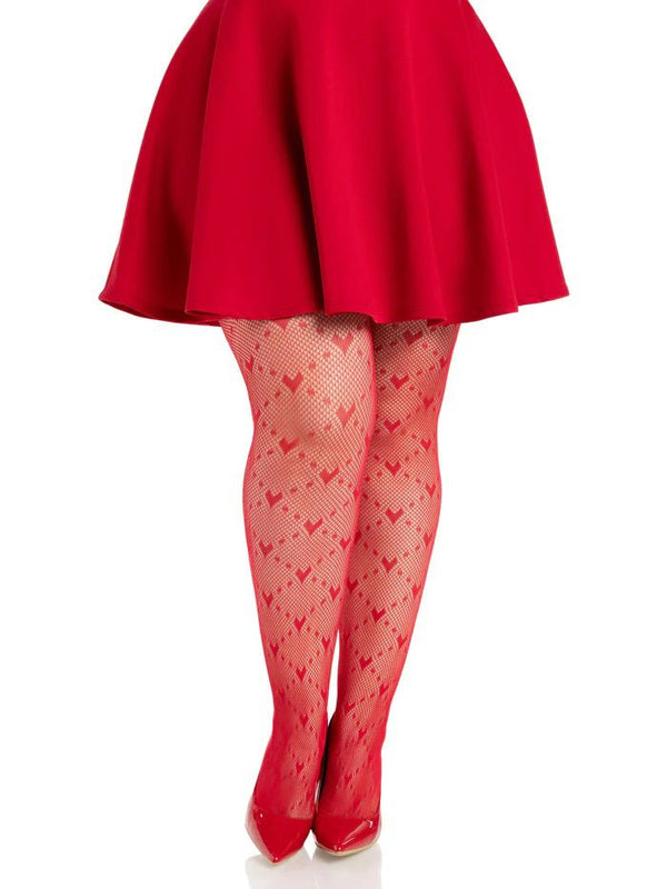 Plus Valentina Heart Net Tights - 1x 2x - Red - TruLuv Novelties