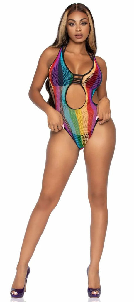 Rainbow Fishnet Cut Out Bodysuit With Strappy Bikini Back - One Size - Multicolor - TruLuv Novelties