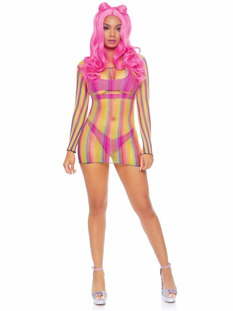 Rainbow Fishnet Long Sleeved Mini Dress - One Size - Rainbow - TruLuv Novelties