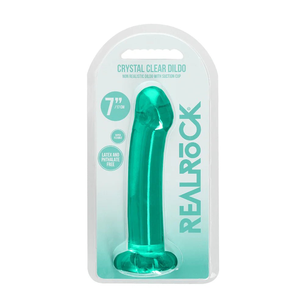 RealRock Crystal Clear Non - Realistic 7 in. Dildo With Suction Cup Turquoise - TruLuv Novelties