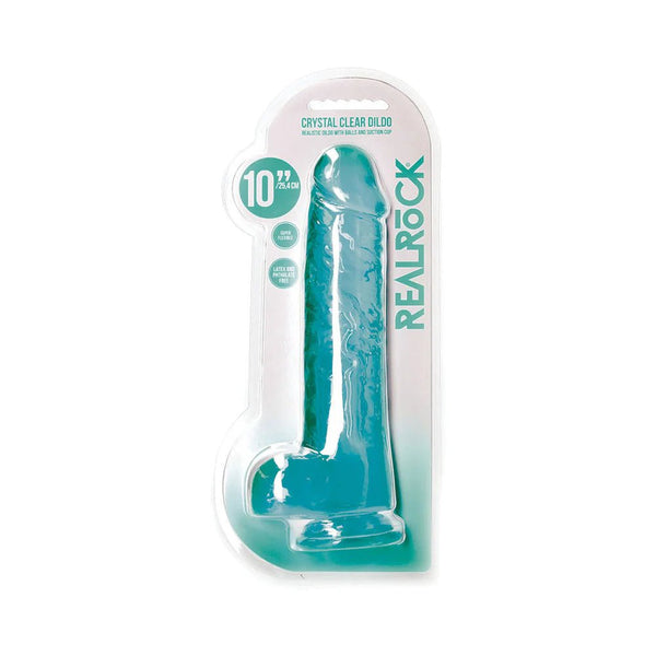 RealRock Crystal Clear Realistic 10 in. Dildo With Balls and Suction Cup Turquoise - TruLuv Novelties