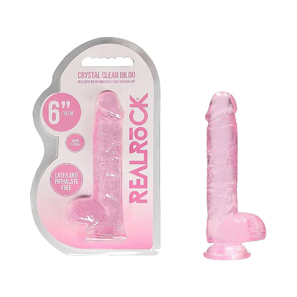 RealRock Crystal Clear Realistic 6 in. Dildo With Balls and Suction Cup Pink - TruLuv Novelties