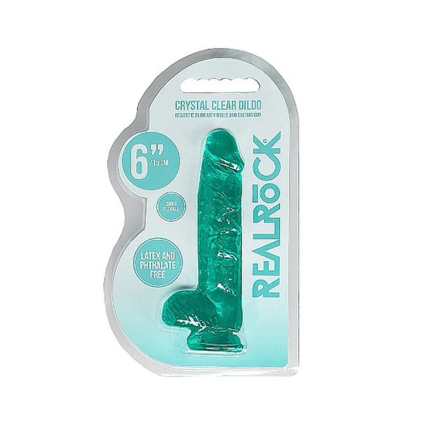 RealRock Crystal Clear Realistic 6 in. Dildo With Balls and Suction Cup Turquoise - TruLuv Novelties