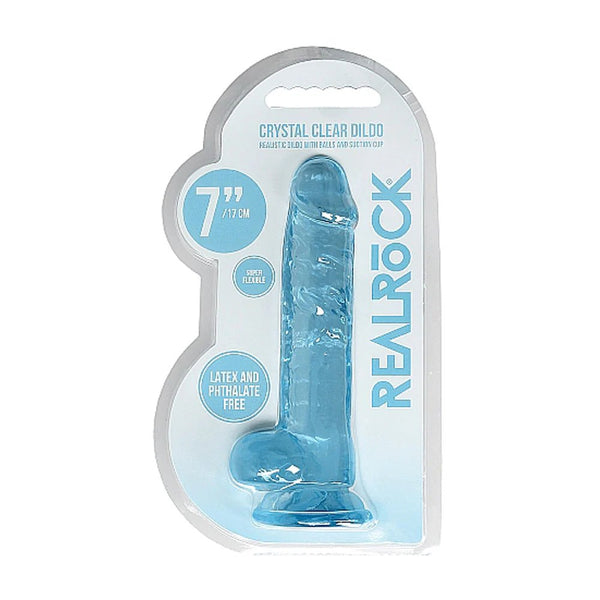 RealRock Crystal Clear Realistic 7 in. Dildo With Balls and Suction Cup Blue - TruLuv Novelties
