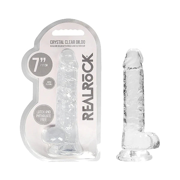 RealRock Crystal Clear Realistic 7 in. Dildo With Balls and Suction Cup Clear - TruLuv Novelties