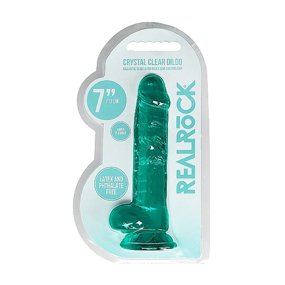 RealRock Crystal Clear Realistic 7 in. Dildo With Balls and Suction Cup Turquoise - TruLuv Novelties