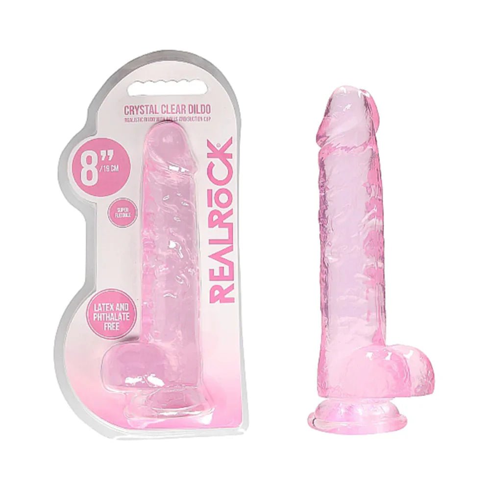 RealRock Crystal Clear Realistic 8 in. Dildo With Balls and Suction Cup Pink - TruLuv Novelties