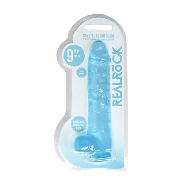 RealRock Crystal Clear Realistic 9 in. Dildo With Balls and Suction Cup Blue - TruLuv Novelties