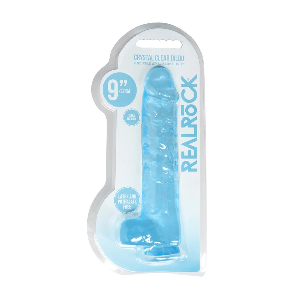 RealRock Crystal Clear Realistic 9 in. Dildo With Balls and Suction Cup Blue - TruLuv Novelties