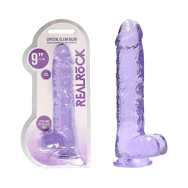 RealRock Crystal Clear Realistic 9 in. Dildo With Balls and Suction Cup Purple - TruLuv Novelties
