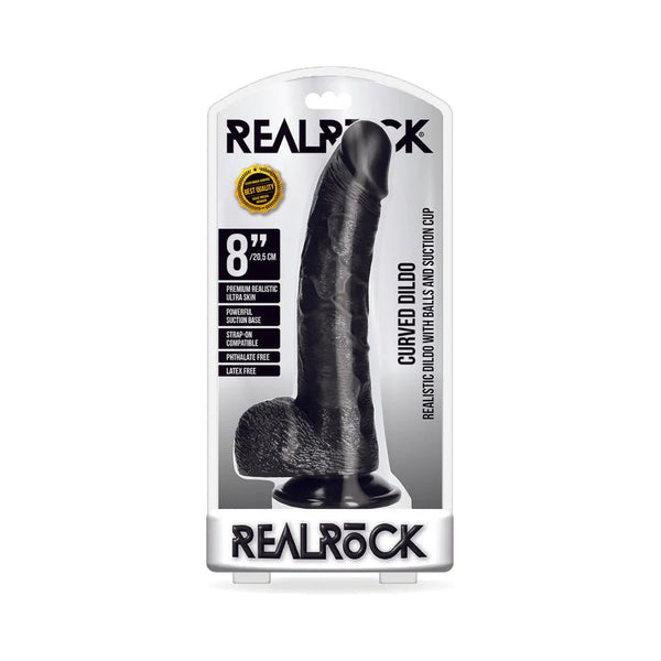 RealRock Realistic 8 in. Curved Dildo With Balls and Suction Cup Black - TruLuv Novelties