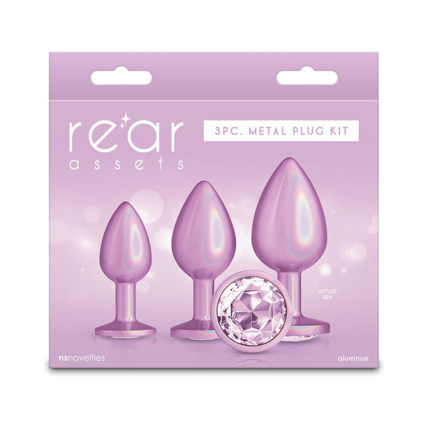 Rear Assets 3-Piece Metal Plug Kit Iridescent Pink with Pink Gem - TruLuv Novelties