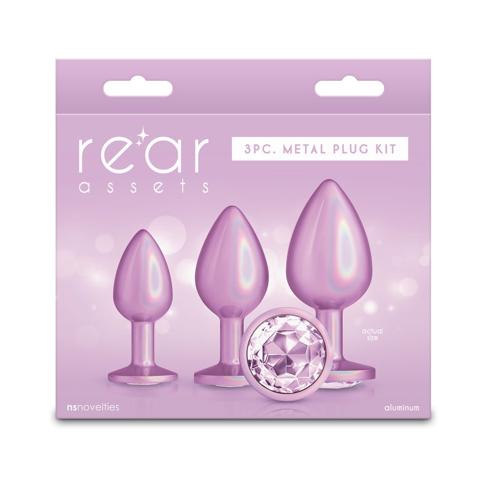 Rear Assets 3-Piece Metal Plug Kit Iridescent Pink with Pink Gem - TruLuv Novelties