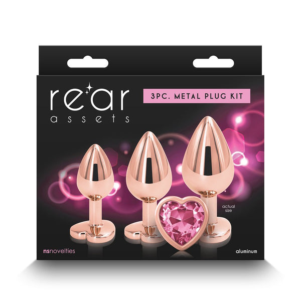Rear Assets 3 - Piece Metal Plug Kit Rose Gold/Pink Heart - TruLuv Novelties