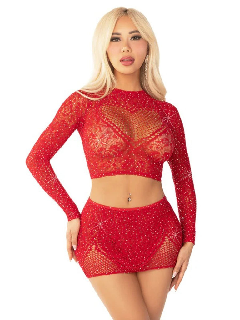 Red 2pc Rhinestone Lace and Net Crop Top With - Heart Keyhole Mini Skirt - Os - TruLuv Novelties