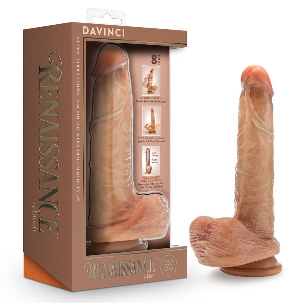 Renaissance - Davinci - 8 Inch Sliding Foreskin Dildo With Squeezable Balls - Tan - TruLuv Novelties