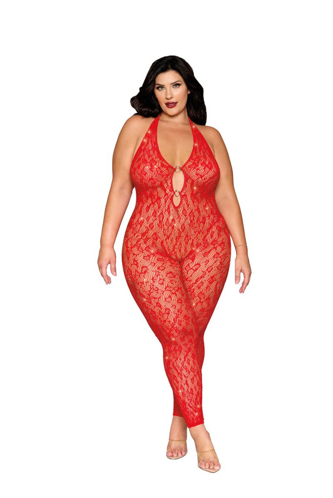 Rhinestone Bodystocking Dmnd - Queen Size - Poinsettia - TruLuv Novelties