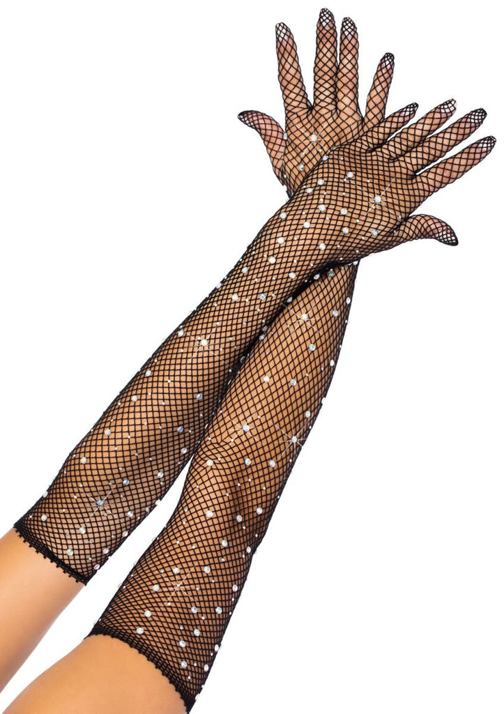 Rhinestone Fishnet Long Gloves - Black - TruLuv Novelties