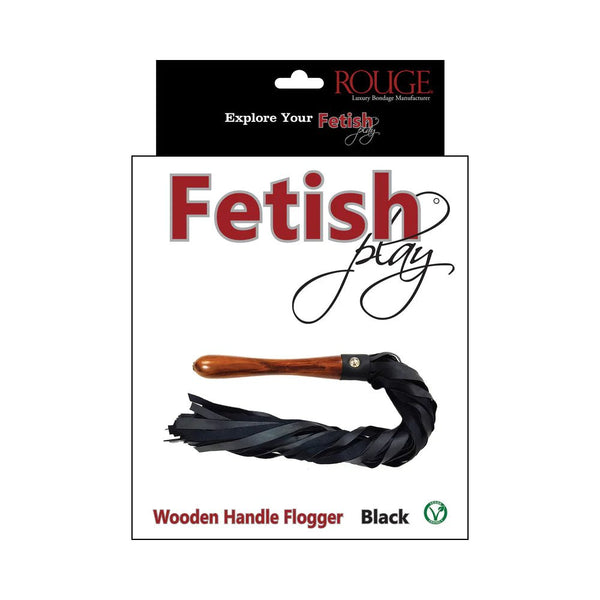 Rouge Fetish Play Vegan Wooden Handle Flogger Black - TruLuv Novelties