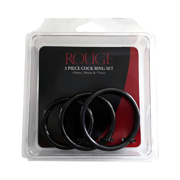 Rouge Stainless Steel 3 Piece Cock Ring Set (45/50/55mm) Black - TruLuv Novelties