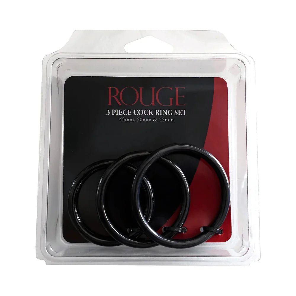 Rouge Stainless Steel 3 Piece Cock Ring Set (45/50/55mm) Black - TruLuv Novelties