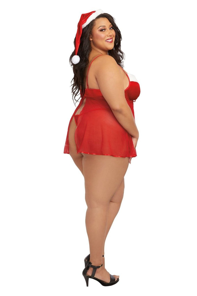 Santa Babydoll, Thong and Hat - 3x - Lipstick Red - TruLuv Novelties
