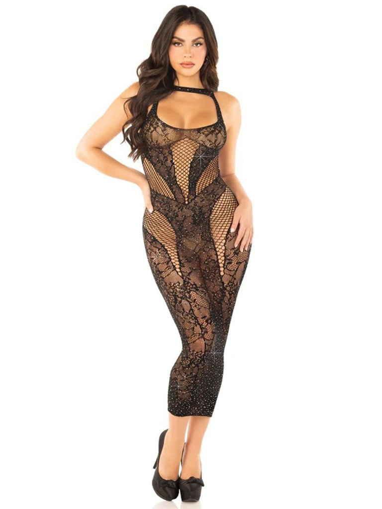 Seamless Rhinestone Lace and Net Body Con Dress - Os - Black - TruLuv Novelties