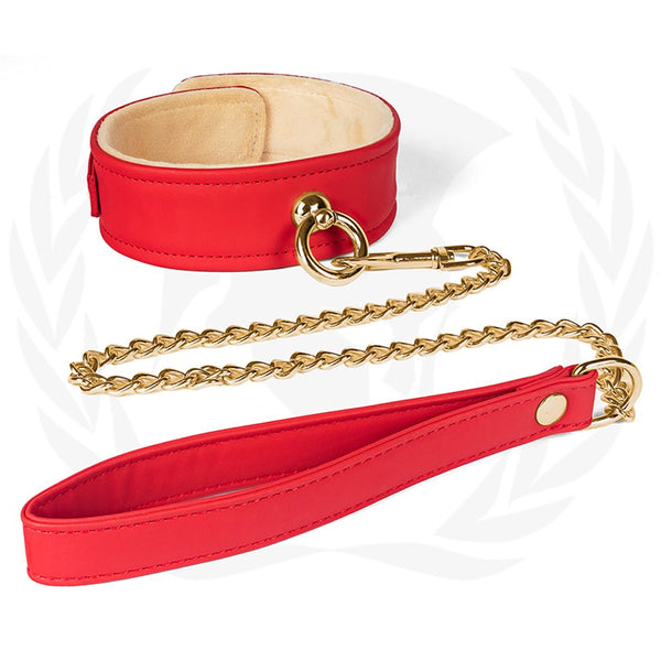 Spartacus Plush Lined PU Red Collar And Chain Leash - TruLuv Novelties