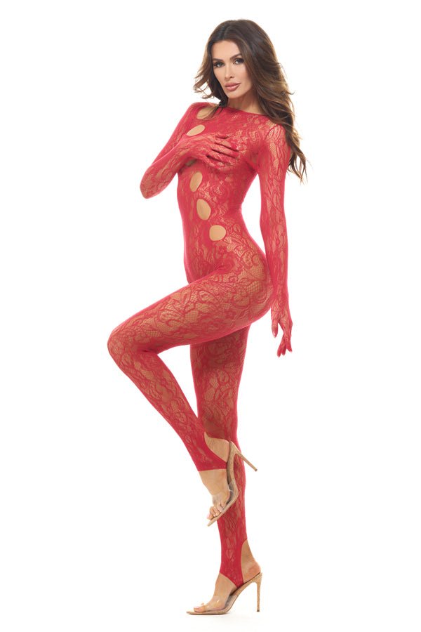 Split Up Lace Bodystocking - Red - Os - TruLuv Novelties