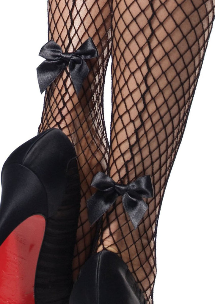 Stay Up Industrial Net Backseam Thigh Highs With Lace Top and Satin Bow Accent - One Size - Black - TruLuv Novelties