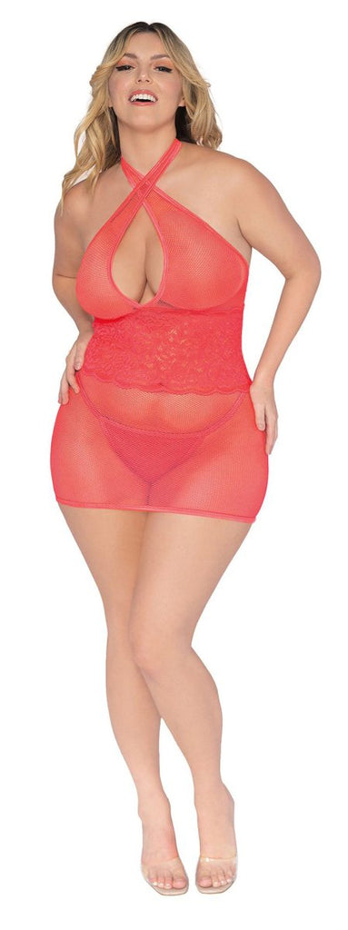 Stretch Fishnet and Scalloped Stretch Lace Chemise - Queen - Coral - TruLuv Novelties