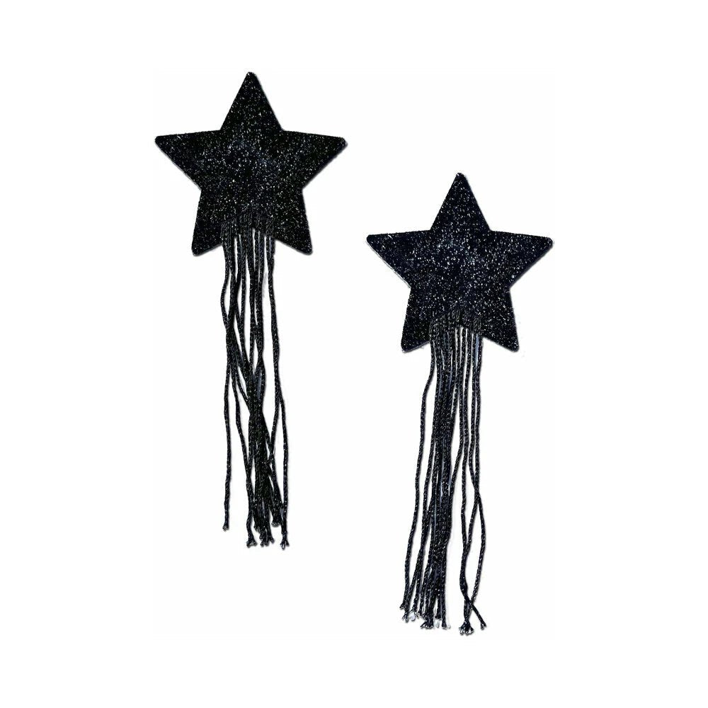 Tassel Pasties: Black Sparkle Star Pastease with Long Fringe Nipple Pasties - TruLuv Novelties