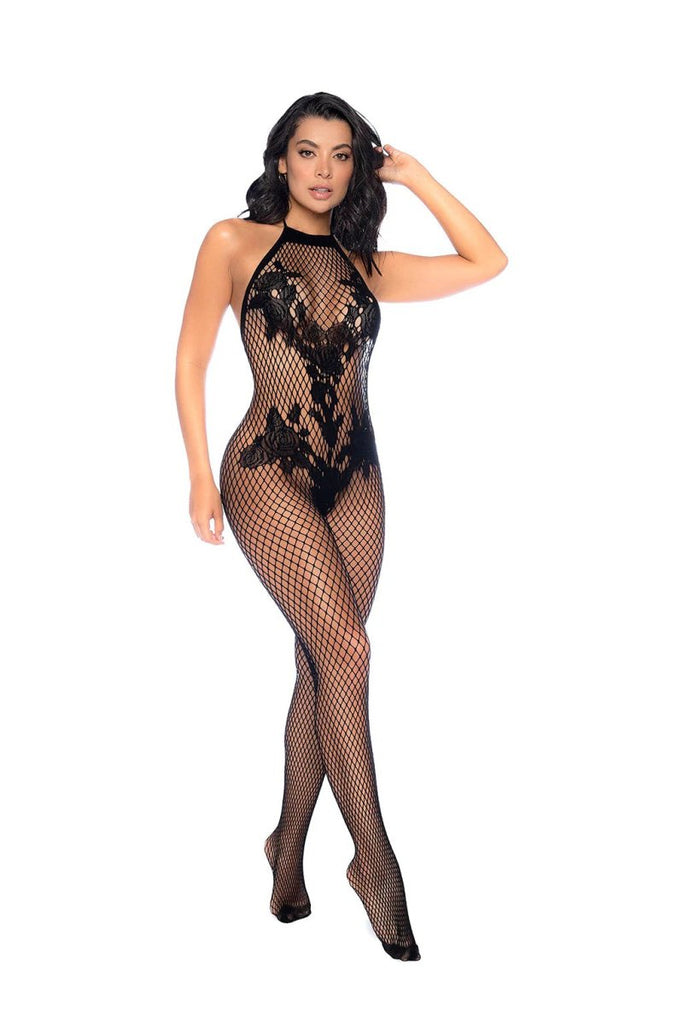 Vino Noir Floral Fishnet Bodystocking - Os - Black - TruLuv Novelties