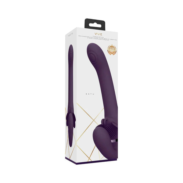 VIVE SATU Rechargeable Triple Motor Pulse - Wave Vibrating Silicone Strapless Strap - On Purple - TruLuv Novelties