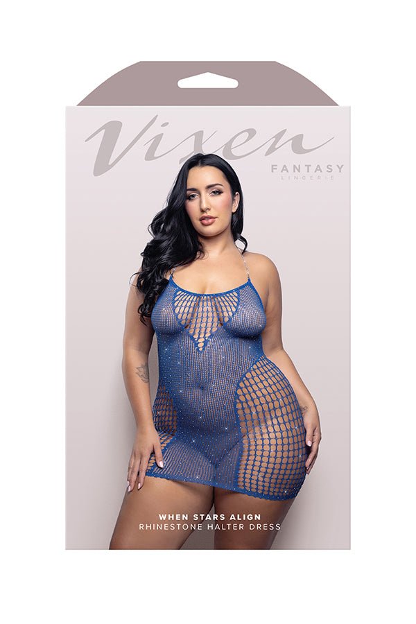 When Stars Align Rhinestone Halter Dress - Queen - Blue