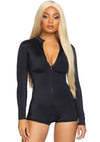 Zipper Front Long Sleeved Matte Romper - Black - TruLuv Novelties