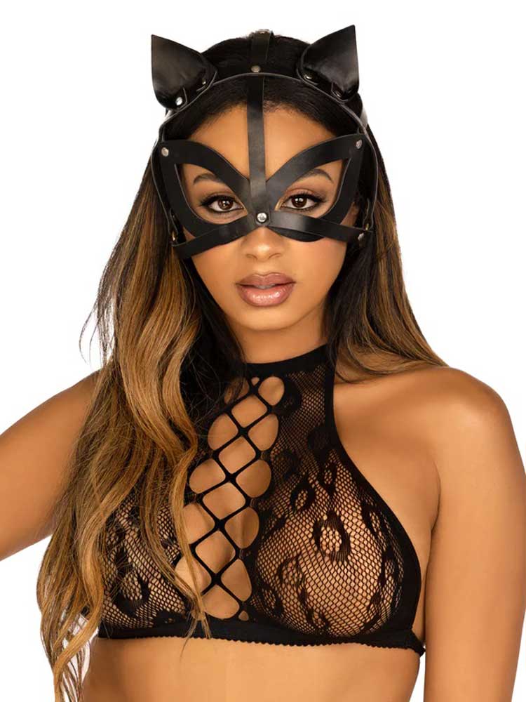 Vegan Leather Studded Cat Mask - Black